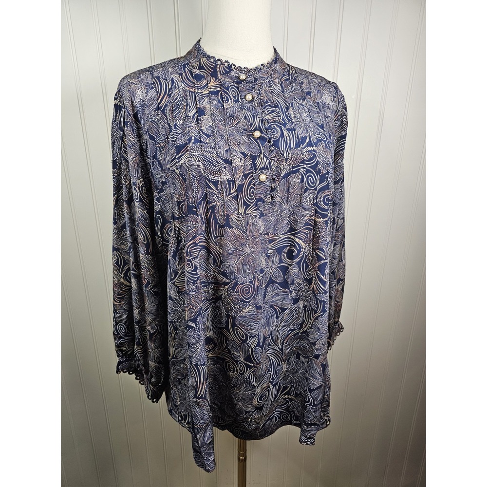 Johnny Was Women's Blue Venus Abstract-Print Pintuck Peasant Top Size L